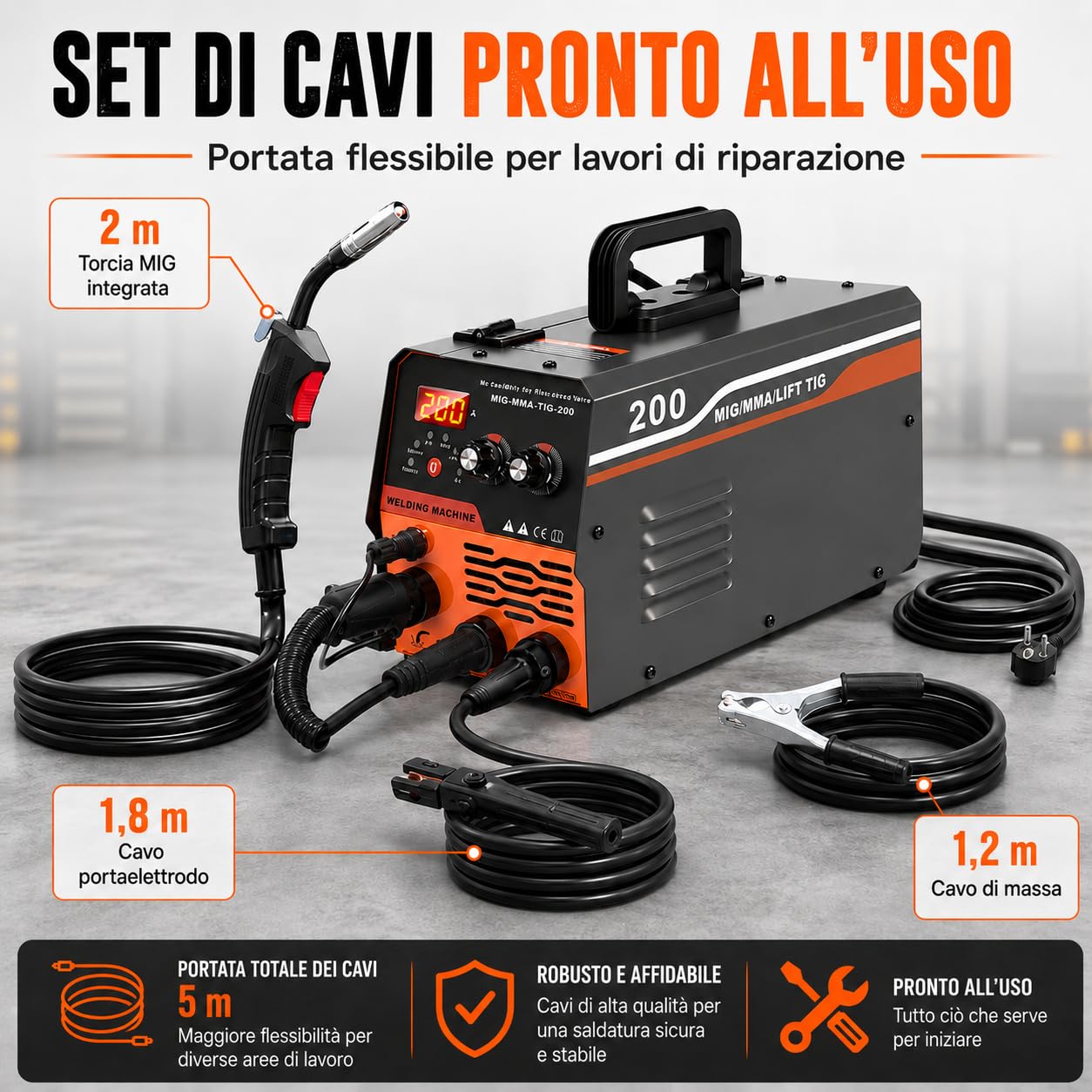 VOBOR Saldatrice a Filo Continuo Senza Gas 200A, 220v Sinergia Elettrodo Saldatrice 3 In 1 MIG/ARC/Lift TIG IGBT Inverter Saldatore con Filo 1,0 MM Rod,Pistola di Saldatura MIG