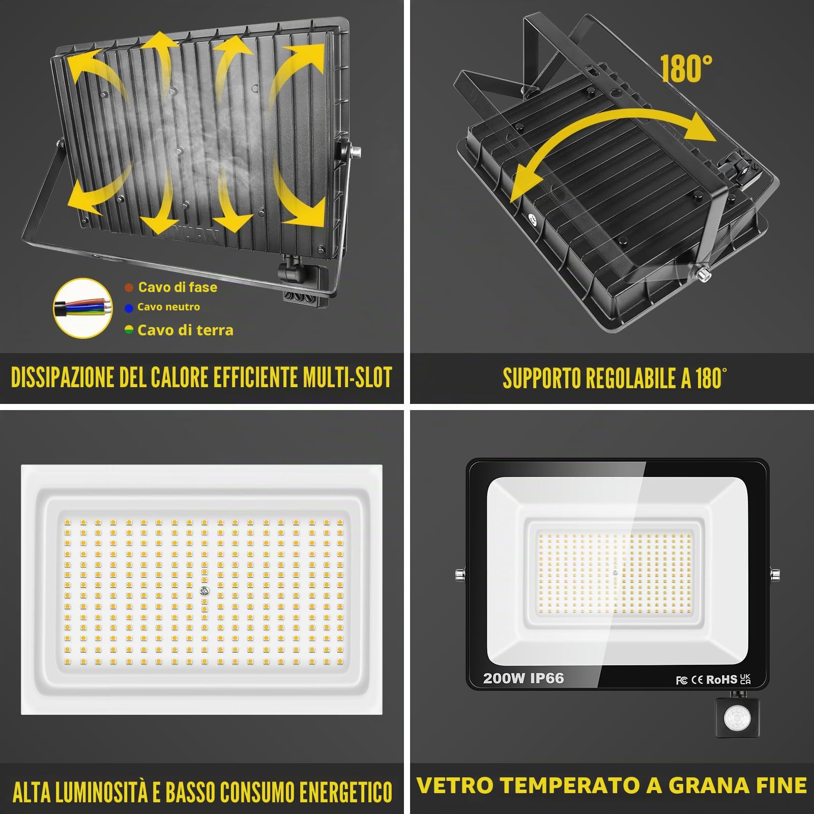 SKYWORLD 2 x Fari Led da Esterno con Sensore di Movimento, 200W 20000LM | Proiettori Faretto Led da Esterno, Luci di Sicurezza Faro per Giardino Garage Patio Terrazza Cortile, 3000K Bianco Caldo