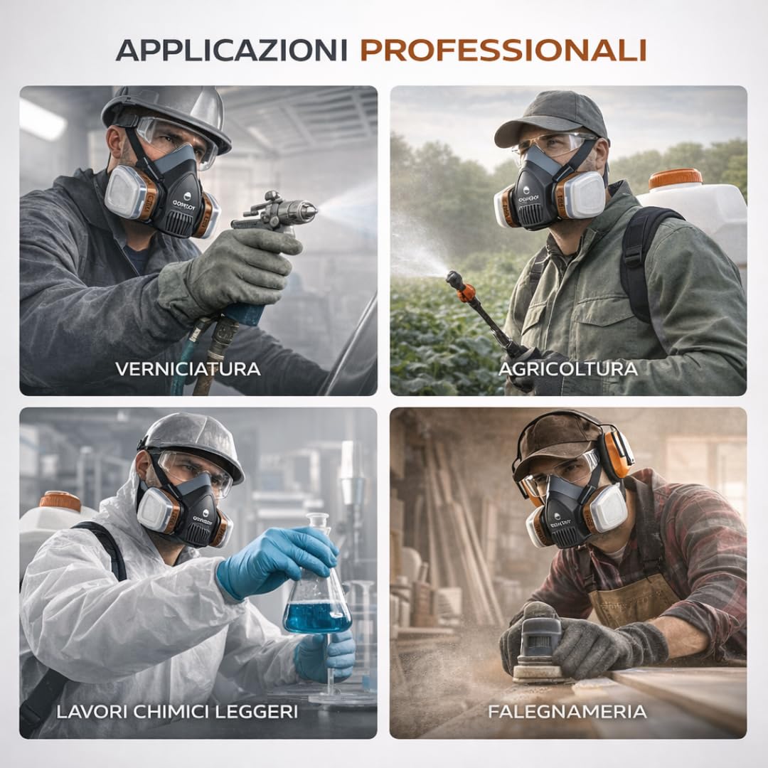 Goomoy Maschera Antigas Semimaschera Riutilizzabile con Doppio Filtro ai Carboni Attivi 8 Filtri di Ricambio Inclusi Protezione Gas Vapori Polveri Certificazione CE EN 140 Verniciatura Saldatura