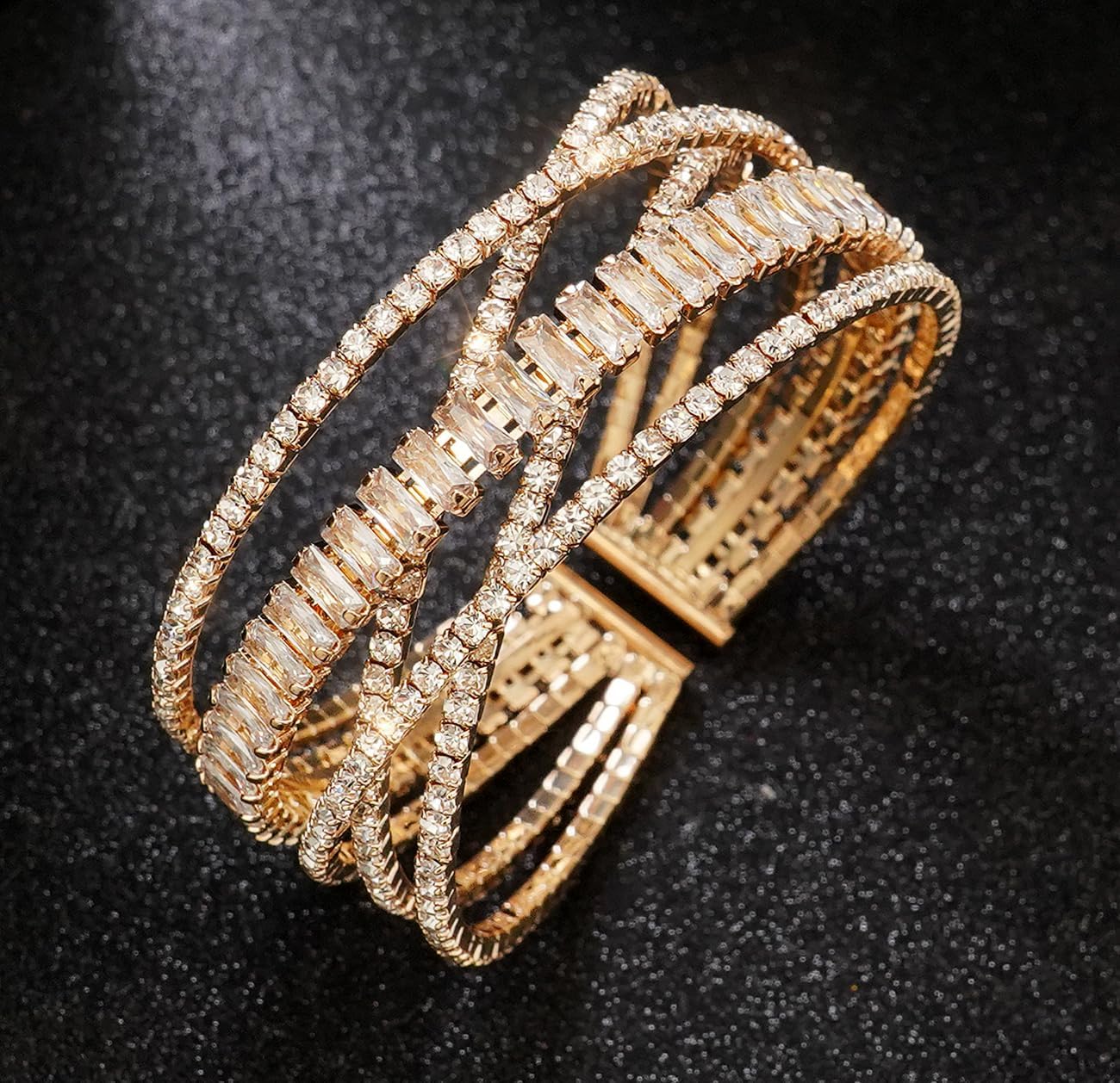 Rhinestone Bracelet for Women MultiLayer Crystal Cuff Bracelet Strand Layered Bracelet - Image 4