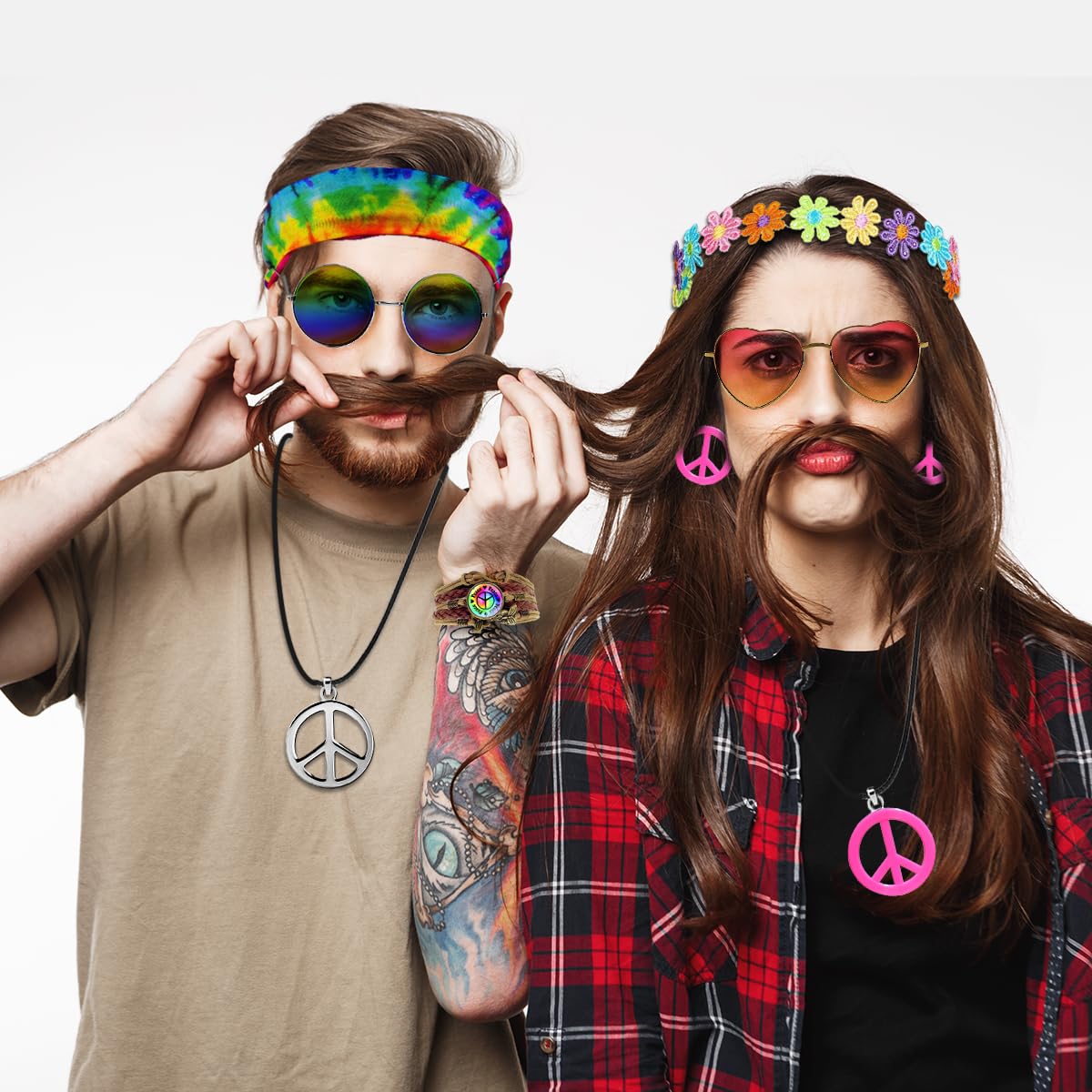 iZoeL Costume Hippie Uomo Donna Anni 70-80 - Mantello/Top Parrucca Hippie Borse Occhiali da Sole Fascia per Capelli Orecchini Collana Pace, Costume Carnivale/Halloween Anni 70-80（Vedi la descrizione）