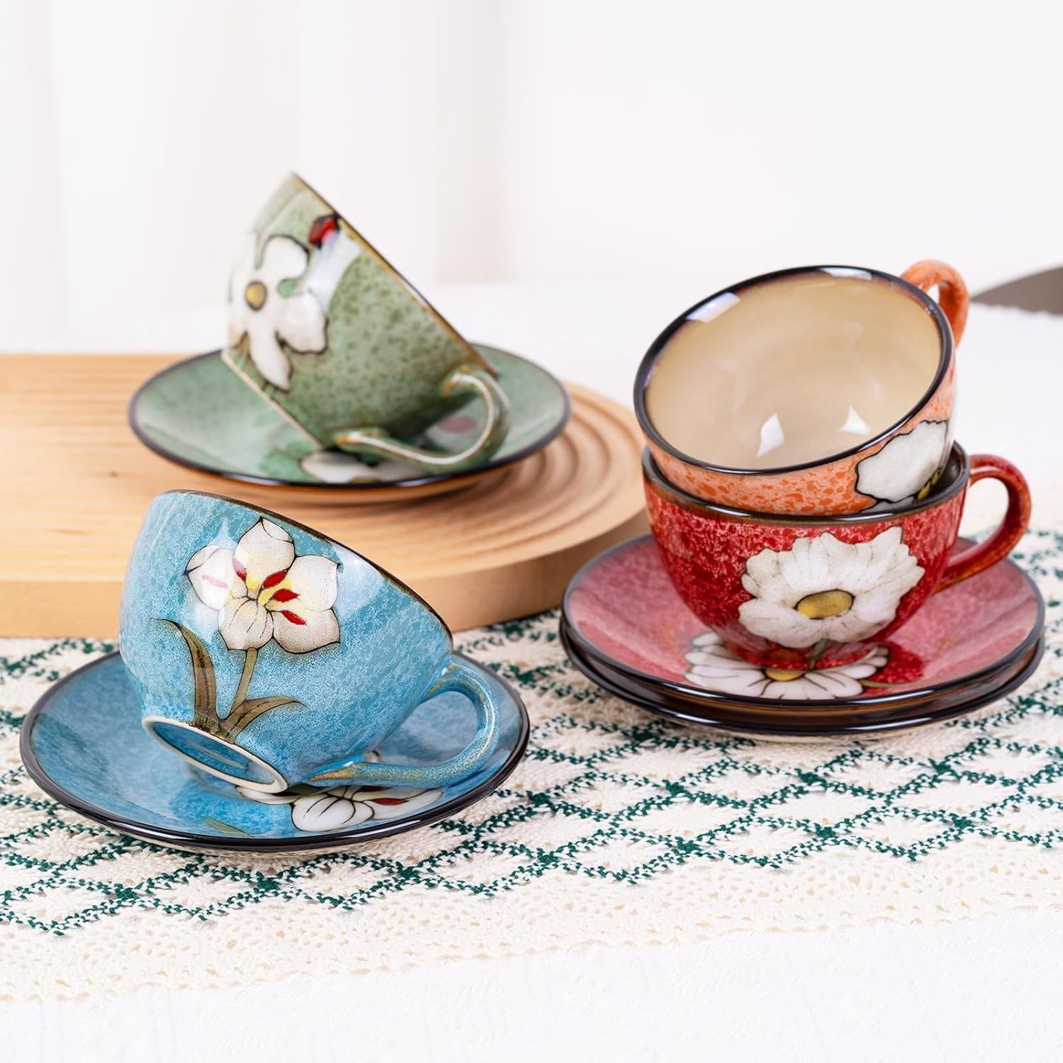 Cappuccino-Tassen, 4er-Set, 237 ml, florales Porzellan, Kaffeetassen für Zuhause, Küche und Büro, perfekt für Espresso, Latte, Americano, Milch und Tee