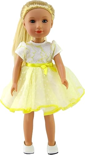 Miniatura 9 de American Fashion World Vestido de lunares de encaje blanco y amarillo para muñecas de 18 pulgadas  Calidad premium y diseño moderno  Ropa de muñecas