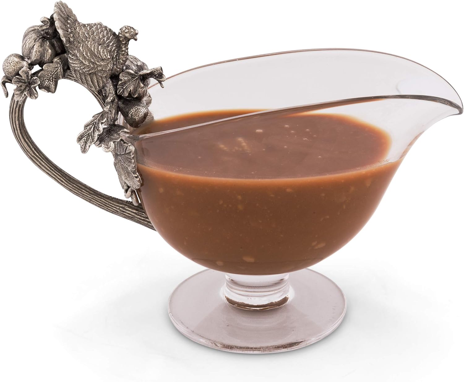 Vagabond House Hand Blown Glass Gravy Sauce Cranberry Bowl Pewter Harvest Turkey 9 inch Long 16 oz