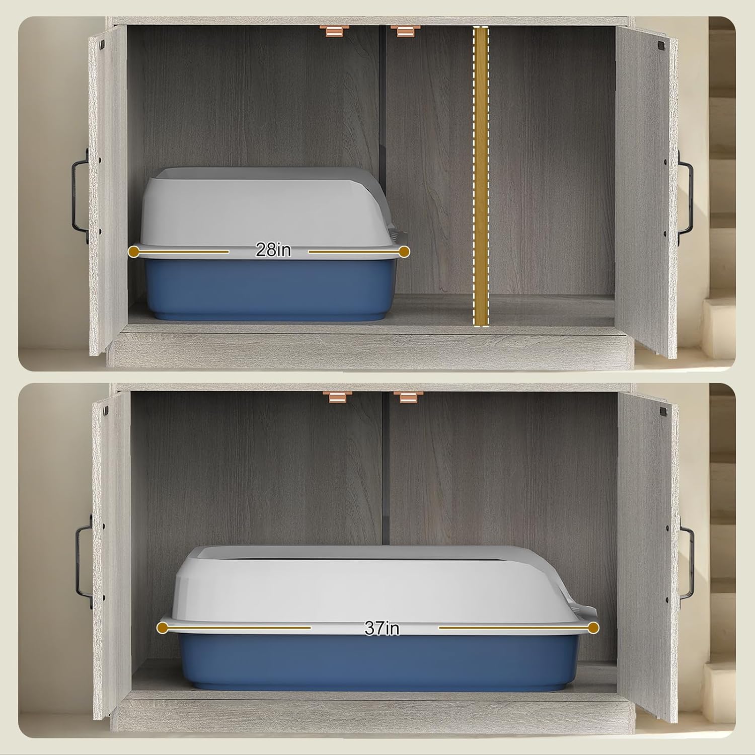 Hidden Litter Box Furniture Ultra-Large Wooden Enclosed Litter Box Furniture,2-Door Storage Cabinet, 2 Open Drawers, 1 Air Vents,Cat Litter Furniture Fit Most of Litter Box.(Gray, No Drawers)