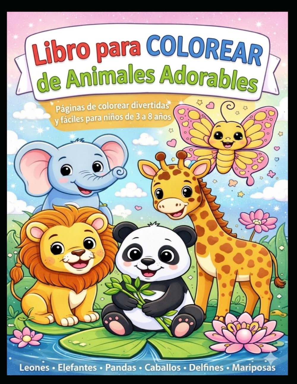 Libro para Colorear de Animales Adorables para Niños de 3 a 8 Años: 30 páginas divertidas y educativas para desarrollar creatividad, concentración y ... | Leones, Elefantes, Pandas, Jirafas y más