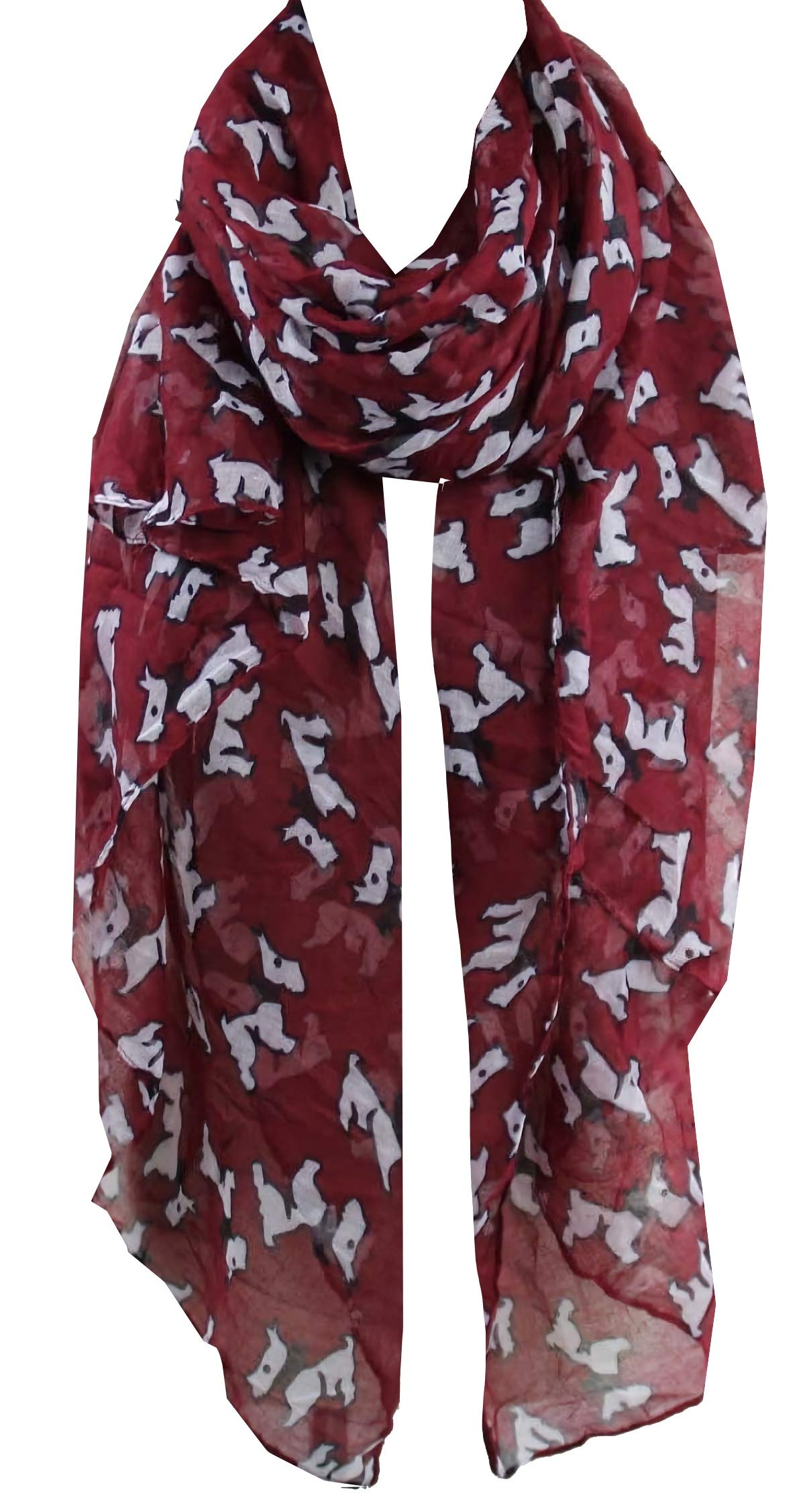 World Of Shawls Women's Scottie/Westie Dog Print Scarf Maroon Pug Dog, Dachshund Dogs, Spaniel Dog Print Scarf - All Seasons Lovely Soft Scarf Wraps Shawl Scarves ()