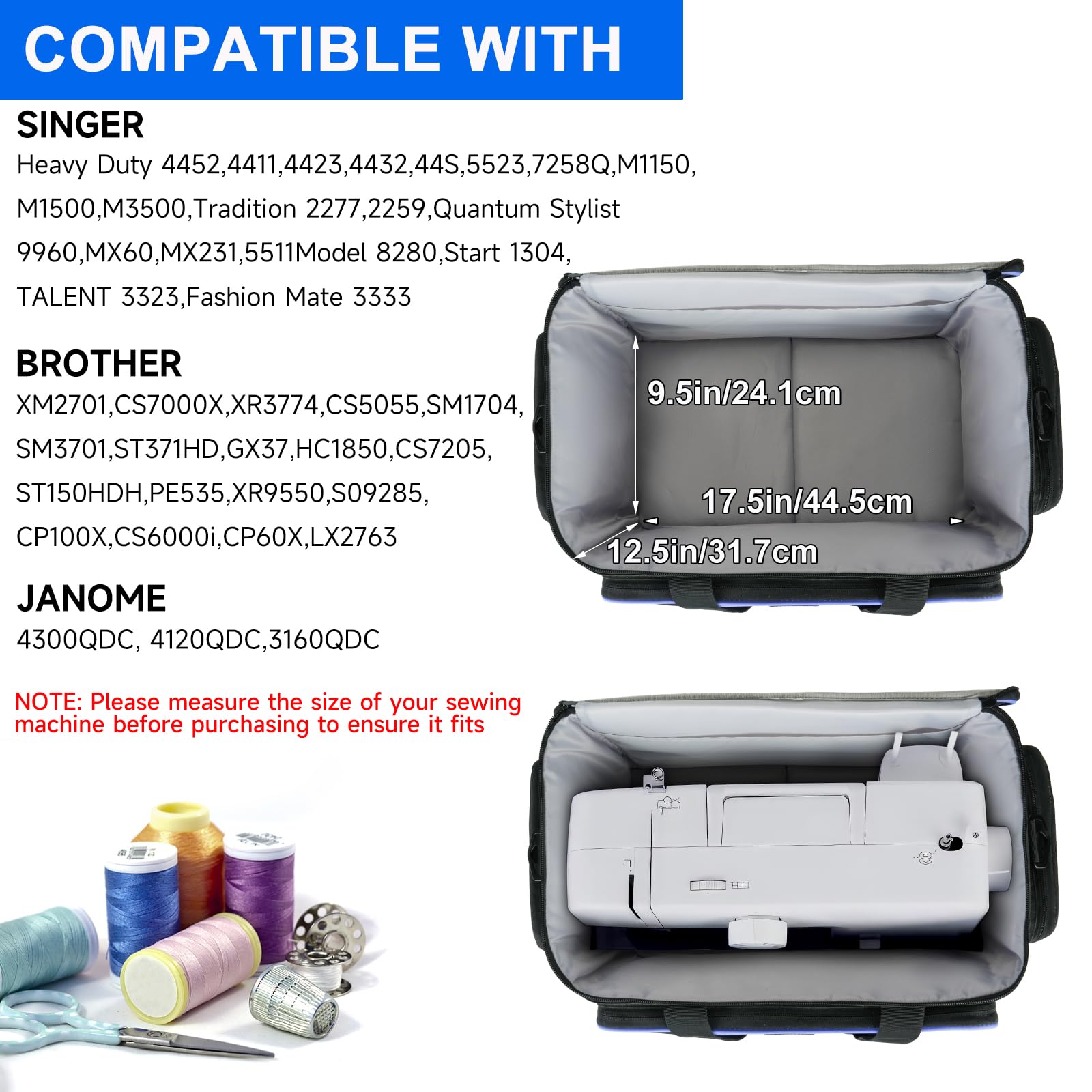 LEFOR·Z Bolsa de máquina de coser, bolsa de transporte para máquina de coser con bolsillos para máquinas de coser y accesorios de costura, bolsa de costura adecuada para la mayoría de tamaños estándar