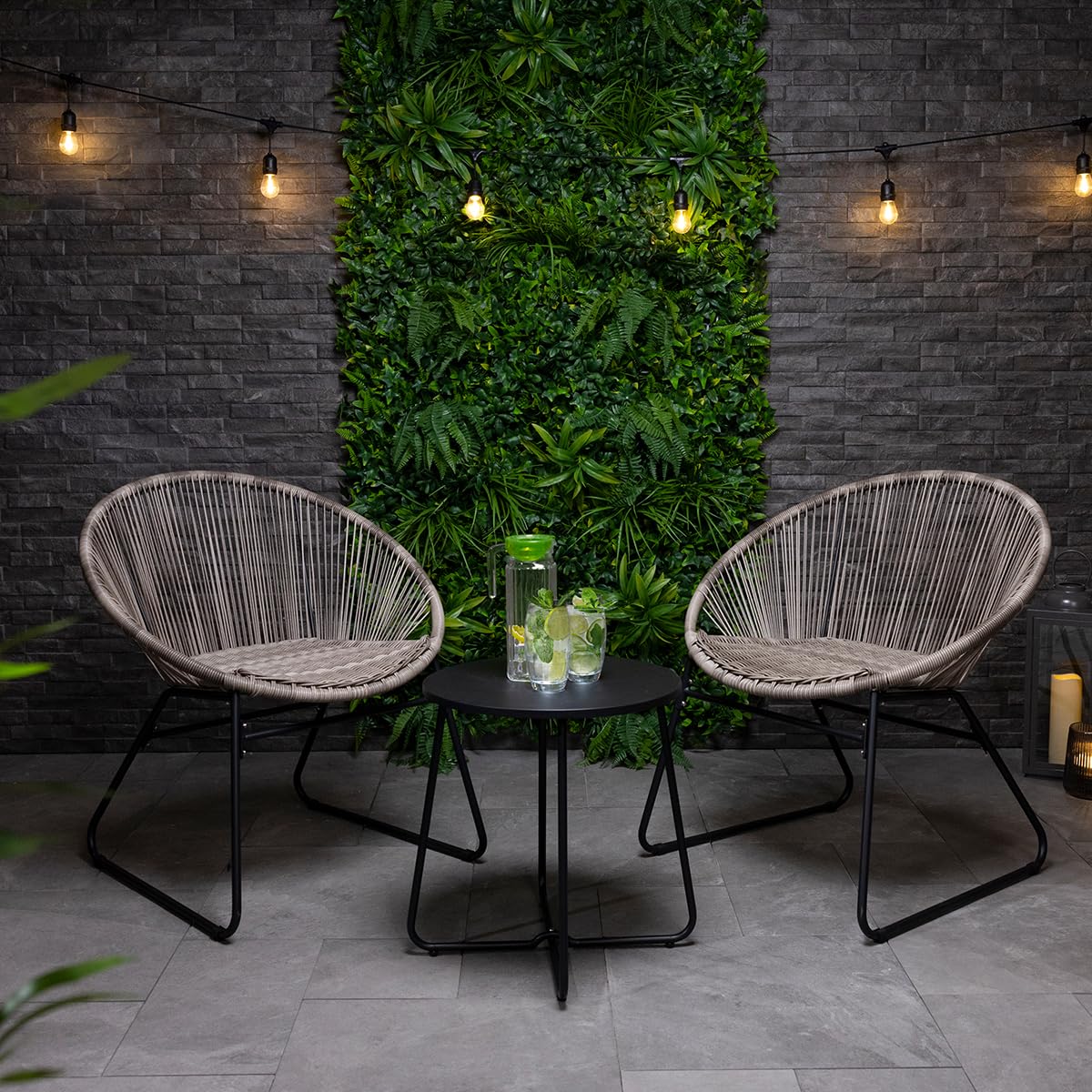 CHARLES BENTLEY Zanzibar Tea for Two Bistro Set, Grey Cafe Style, 2 Chairs, 1 Side Table, Furniture, Indoor, Outdoor, Patio, Balcony Seating For Couple, Steel Frame, PE Rattan, Grey (64x74.5x78cm)