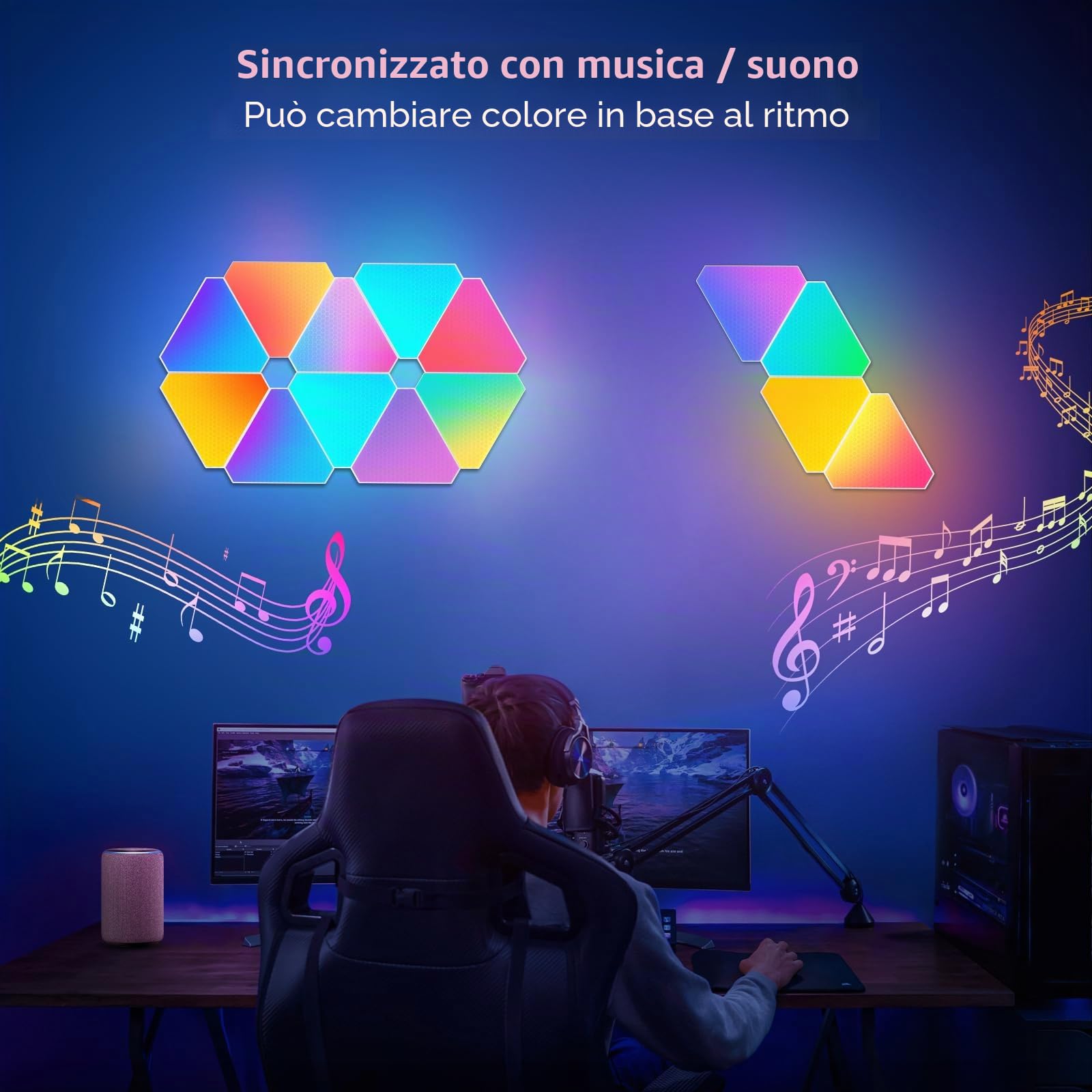 Pannelli LED Luci Triangolari Parete - 6pcs Smart RGBIC Pannelli Luminosi Lampada da Parete Interni Design - Gaming Accessori Light Sincronia Musica Componibili Luce per Stanza Wall