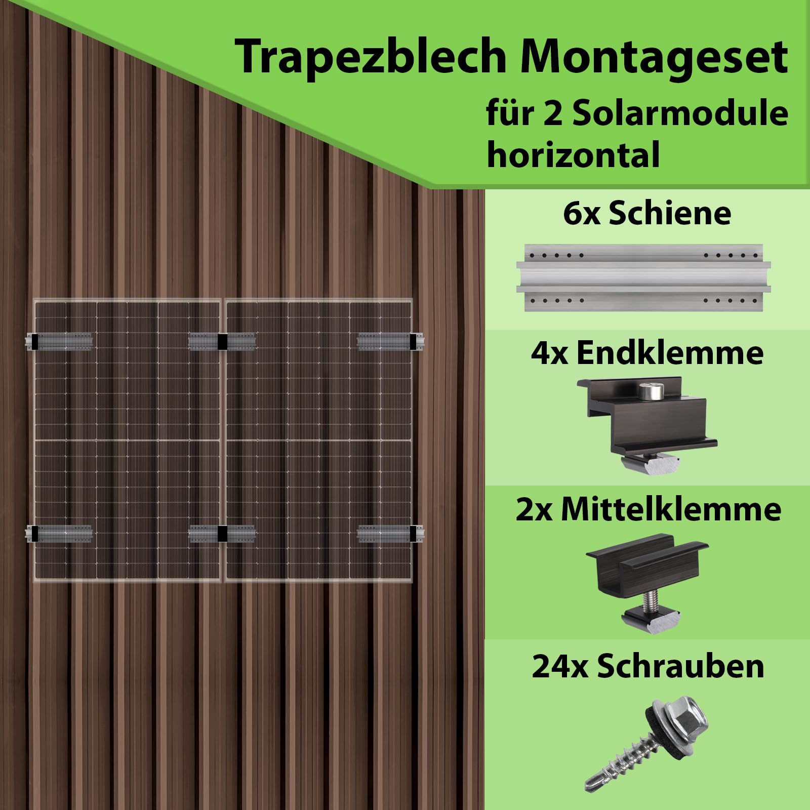 Photovoltaik Trapezblechdach Montageset für 2 Module | Privatkunden Steuersatz 0% | Befestigung Trapezblech Solarmodul Halterung PV Montagesystem Aluminium, Modulanordnung:Horizontal