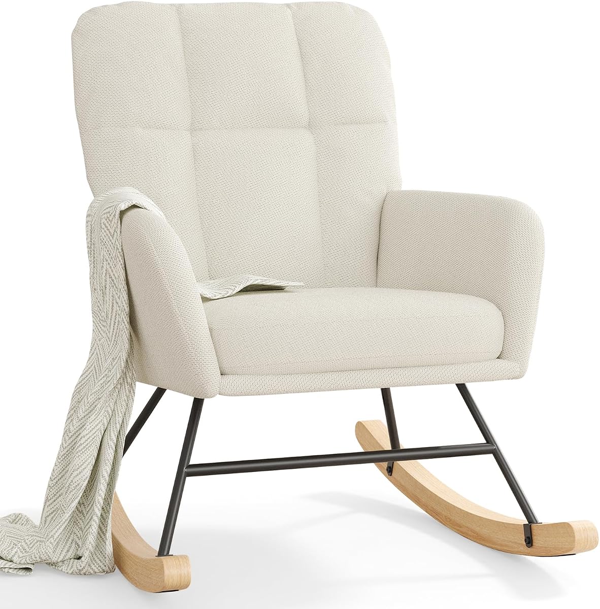 Mecedora tapizada para guardería, silla mecedora con respaldo alto y cojín extraíble, cómoda silla de lactancia para sala de estar, dormitorio, oficina, color beige