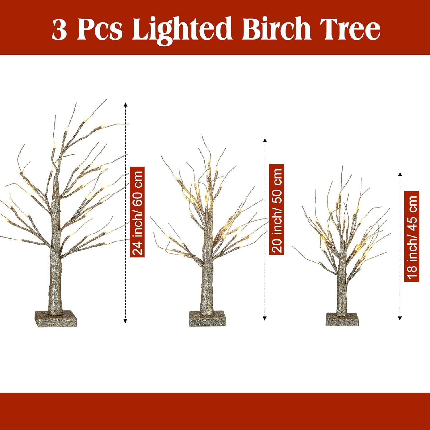 VIHOSE 3 Pcs Christmas Lighted Birch Tree 1.5ft 1.65ft 2ft Mini Birch Tree with 24 LED Warm White Lights Battery Operated Artificial Light for Indoor Decor Bedroom Wedding(Gold)