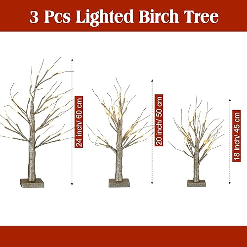 Miniatura 9 de 3 piezas de abedul iluminado de 1.5 pies 1.65 pies 2 pies mini árbol de abedul con 24 luces LED blancas cálidas funciona con pilas, luz artificial