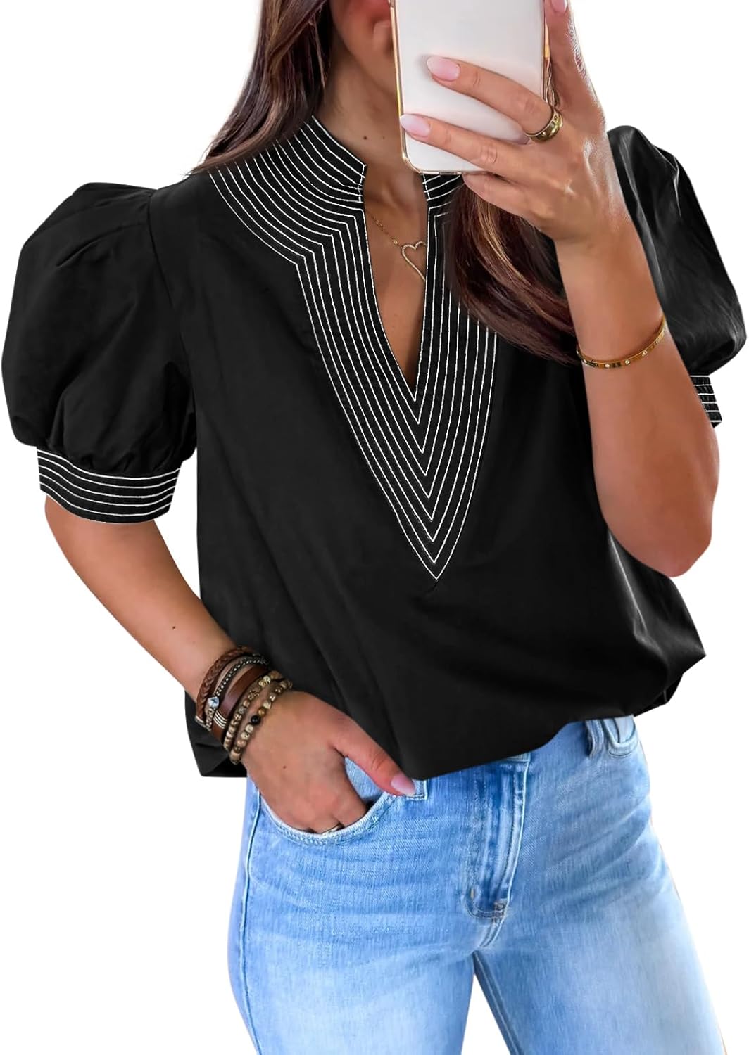 Cicy Bell Womens Puff Short Sleeve Blouses Summer Casual Dressy V Neck Contrast Stitch Tops Loose Fit Shirts