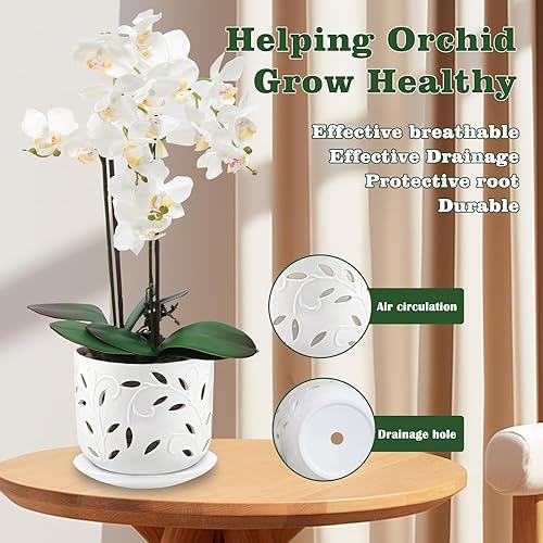 Miniatura 2 de BUYMAX Juego de 2 macetas de orquídeas con agujeros y platillos para la salud de la raíz de orquídeas, macetas de cerámica de 5 y 6 pulgadas para