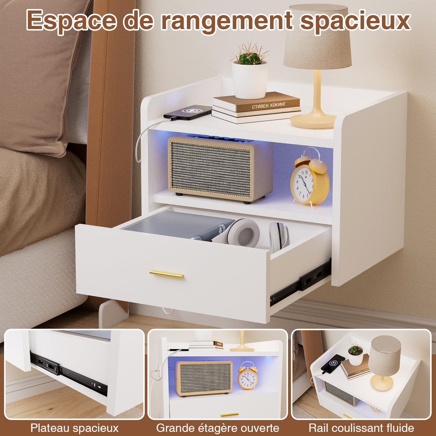 Table de Chevet Lot de 2 Suspendue avec éclairage LED RGB et 1 Prise Secteur/2 Ports USB, Table de Nuit Suspendue avec 1 Tiroir et 2 étagères Ouvertes, 40 x 30 x 30 cm, Convient aux Chambres(Blanc)