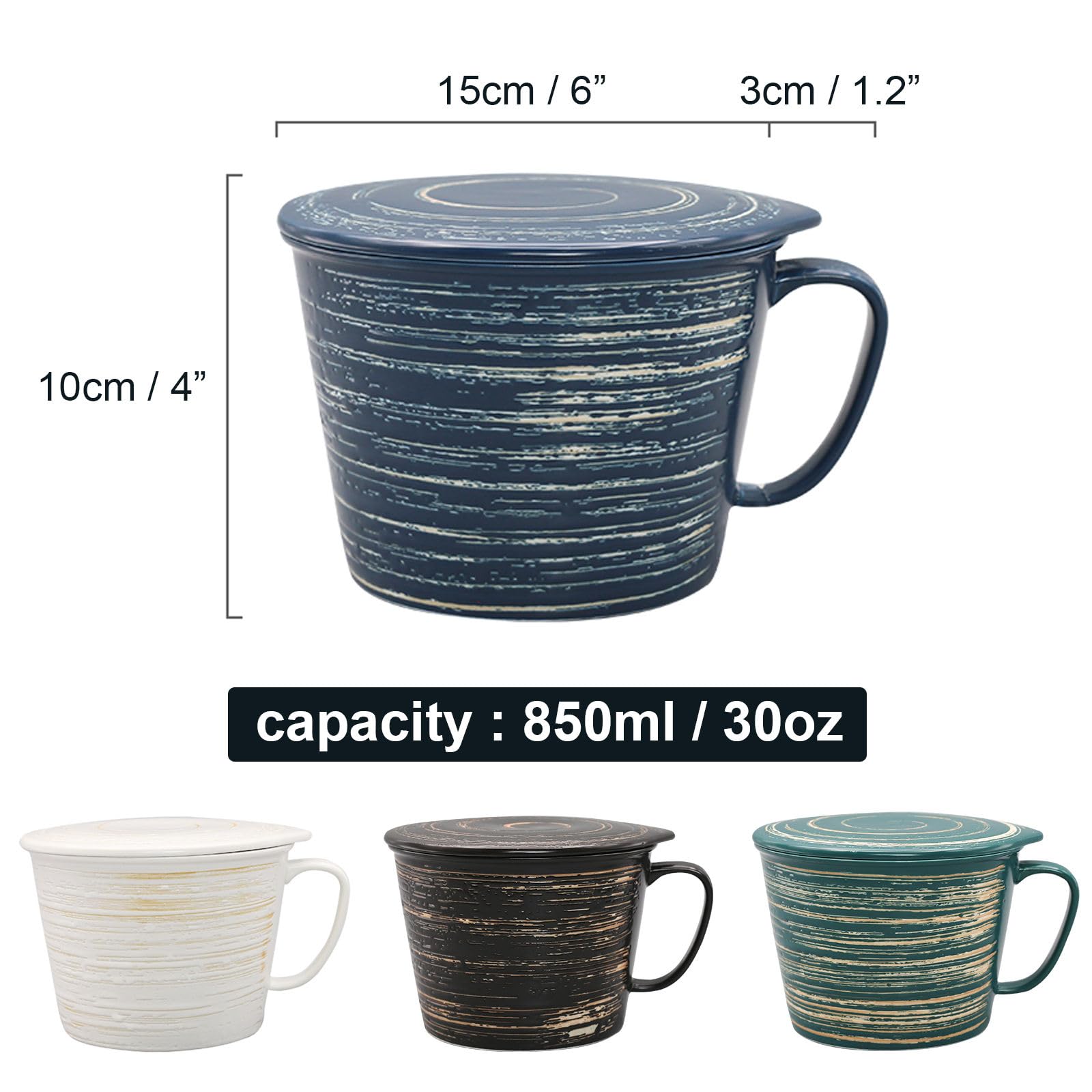 Ciotola in ceramica per ramen con manico e coperchio, grande tazza per noodle con coperchio, ciotola profonda per zuppa adatta al microonde (blu, 880 g)