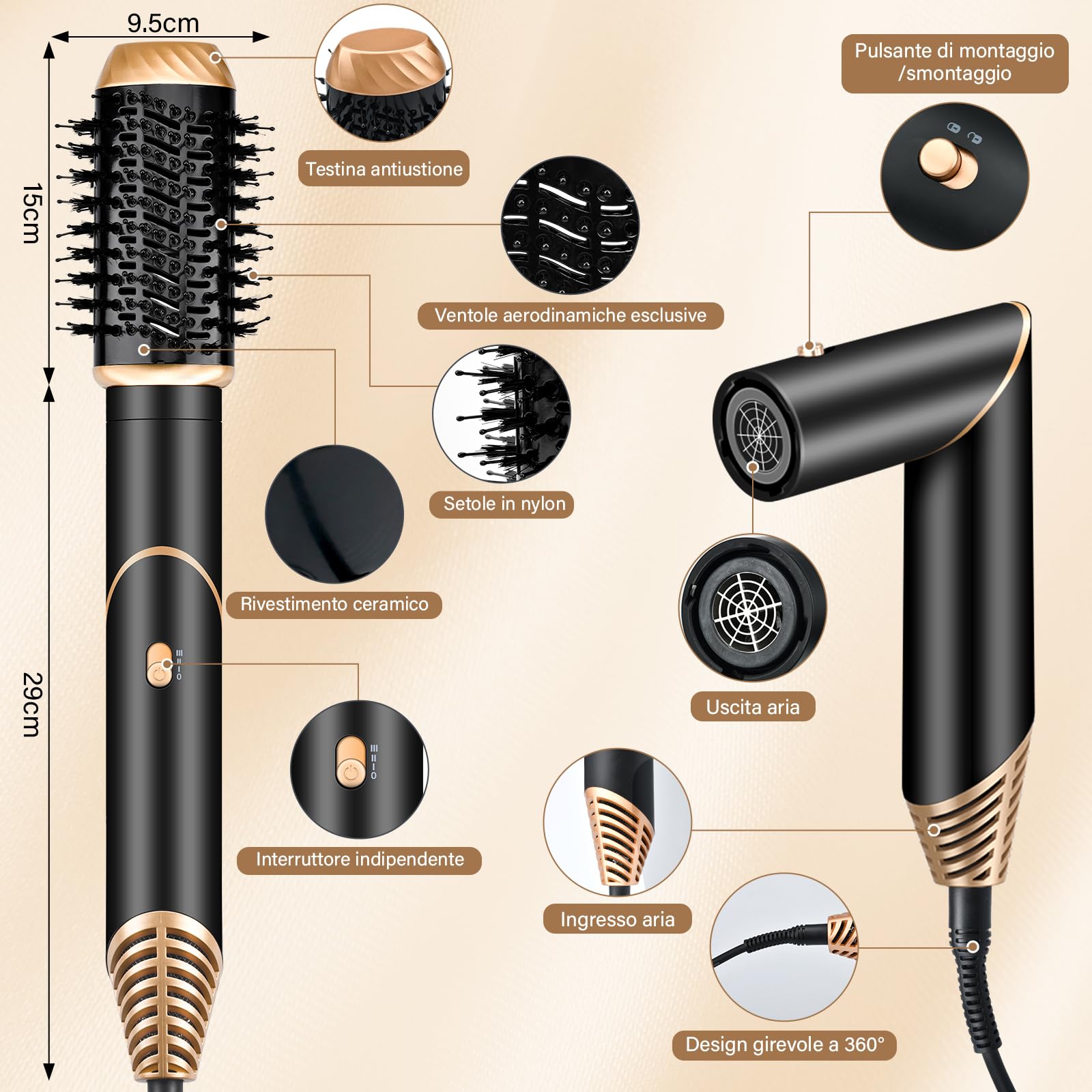 Air Styler 6 in 1 Styler Capelli, Spazzola Asciugacapelli, Spazzola ad Aria Calda, Arricciacapelli Automatico, Lisciante, Volumizzante e Diffusore per Ricci, Lisci, Volume | Set di spazzole per acconciatura