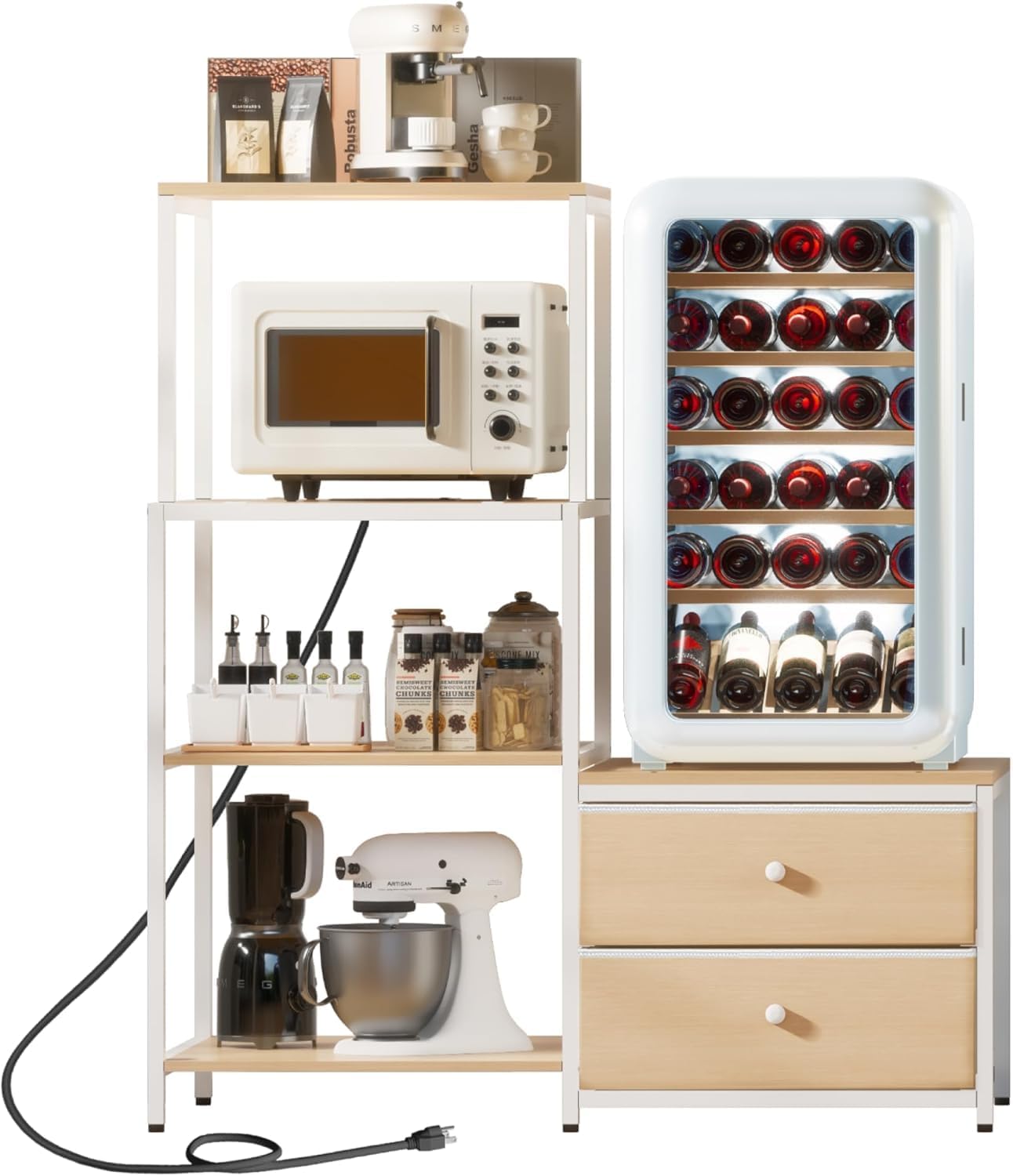 Mini Fridge Stand with Storage - Microwave Bakers with Power Outlet, Coffee Bar Cabinet Station, 4-Tier 2 Drawer Fridge Stand