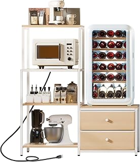 Mini Fridge Stand with Storage - Microwave Bakers with Power Outlet, Coffee Bar Cabinet Station, 4-Tier 2 Drawer Fridge Stand