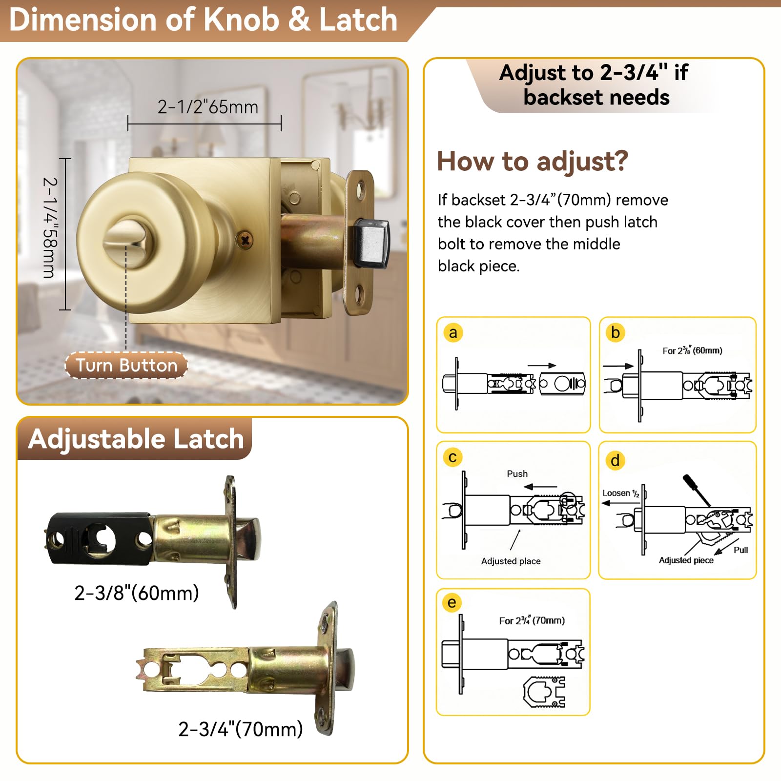 Brushed Gold Door Knobs - 6 Pack with Lock -3