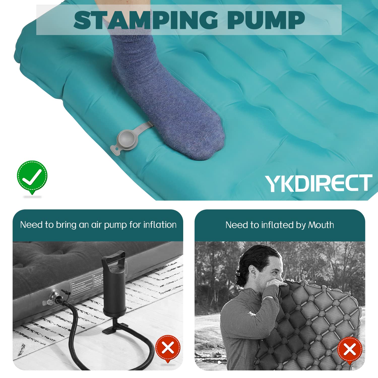 YKDIRECT Camping Sleeping Pad with Built-in Pump, 4.5" Extra Thickness Camping Sleeping Mat, Ultralight Compact Waterproof Inflatable Camping Pad for Traveling, Backpacking, Hiking, Tent (Blue Plus)