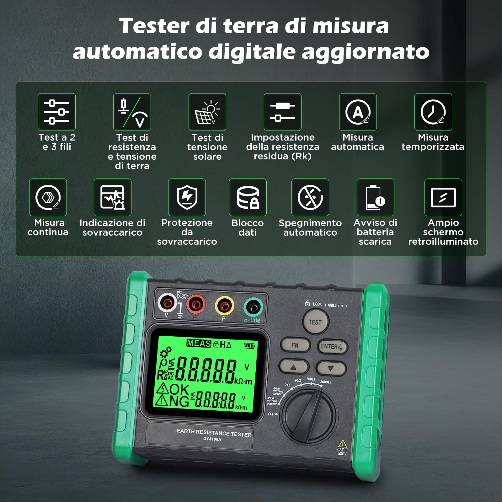 KAISAL Tester di Resistenza di Terra DY4100A 2/20/200/2000Ω AC 0~600 V DC 1500V Misura di Tensione di Terra