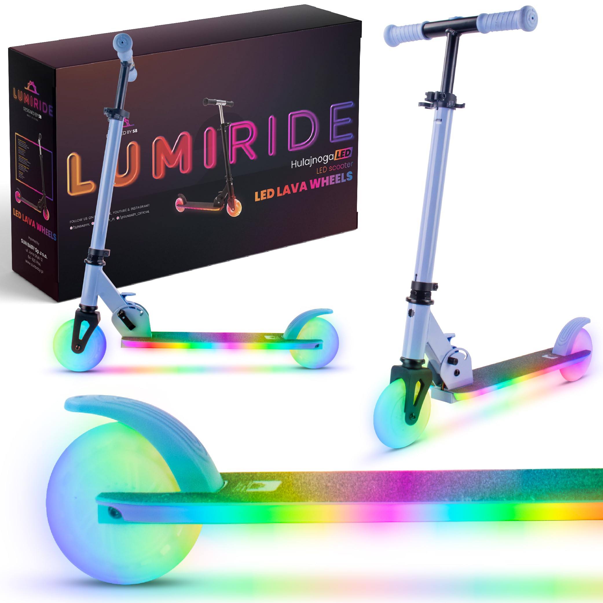 LUMI Ride Patinete niño Dos Ruedas a Partir de 3 años, LED - 7 Colores, 20 programas - 3 Niveles de Ajuste del Manillar, Freno de pie, Asas Desmontables