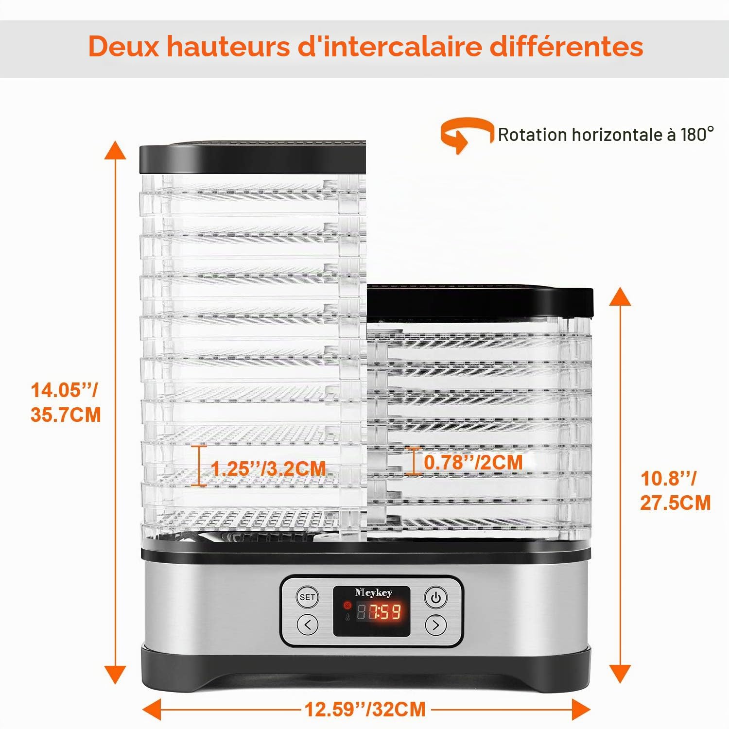 Déshydrateur avec régulateur de température et minuterie, déshydrateur de nourriture, de fruit, de viande Sans BPA 5 niveaux 8 Etagen