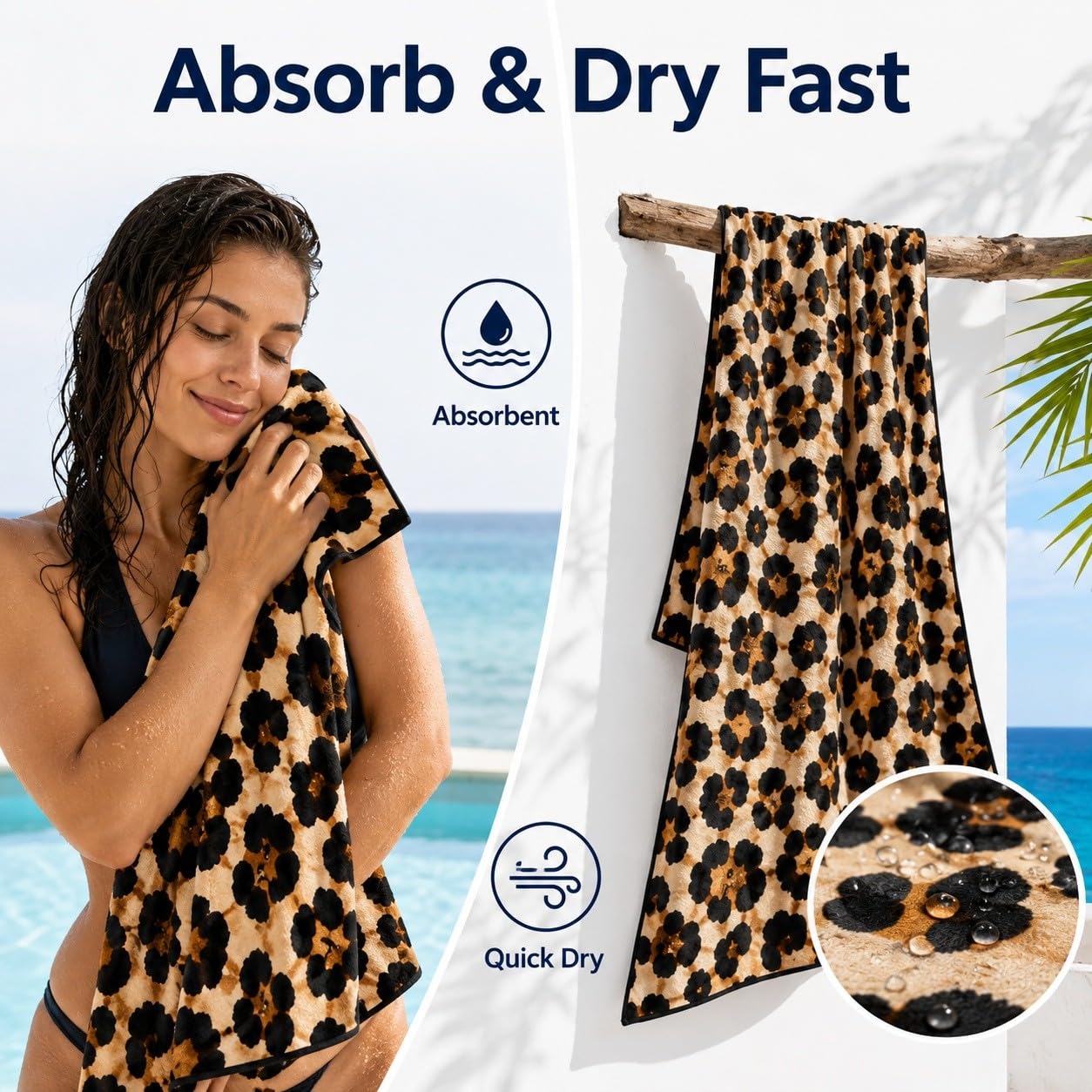 Telo Mare Microfibra Stampa Leopardata Asciugatura Rapida | Asciugamano da Spiaggia Macchie Classiche, 145x200 cm, Assorbente, Accessori Mare, per Palestra Viaggio