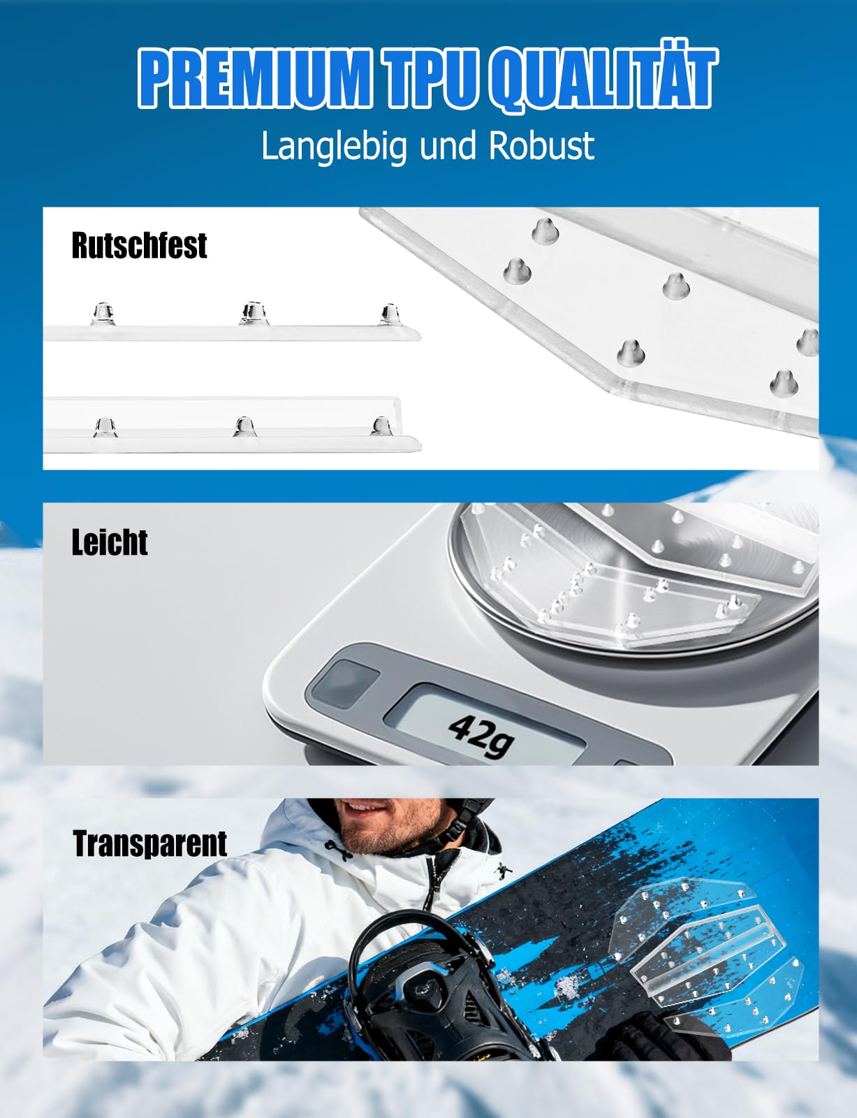 Lot de 2 coussinets de snowboard en TPU de qualité supérieure, adhérence 3D antidérapante pour un contrôle maximal, adhésif résistant au froid, design transparent pour un snowboard sûr