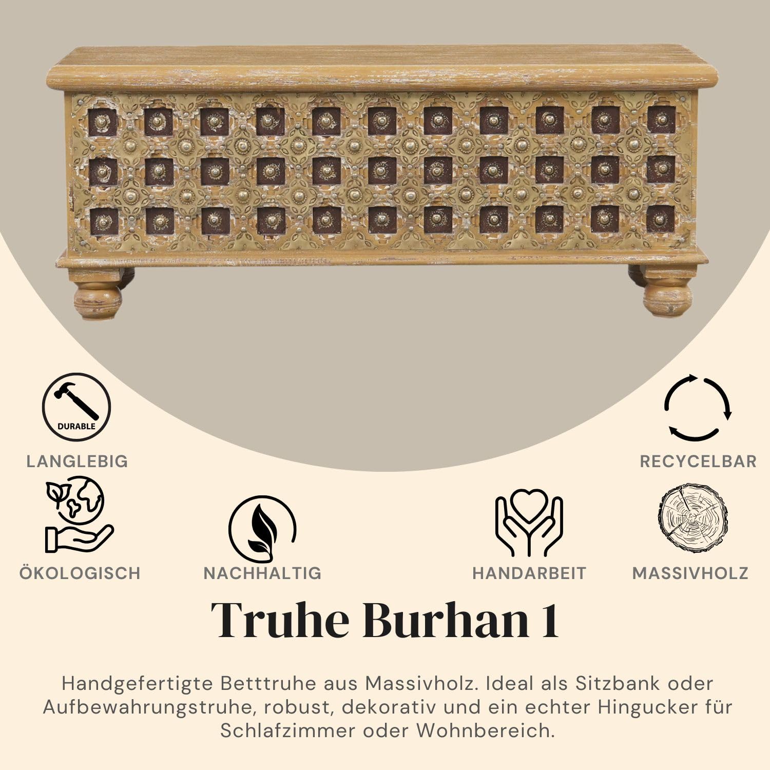Orientalna skrzynia z drewna buranu, wysokość 1 – 116 cm, w stylu antycznym, ławka do siedzenia z miejscem do przechowywania na korytarzu, pudełko do przechowywania z pokrywką w łazience, skrzynia na pościel jako skrzynia na poduszki lub dekoracja w sypia