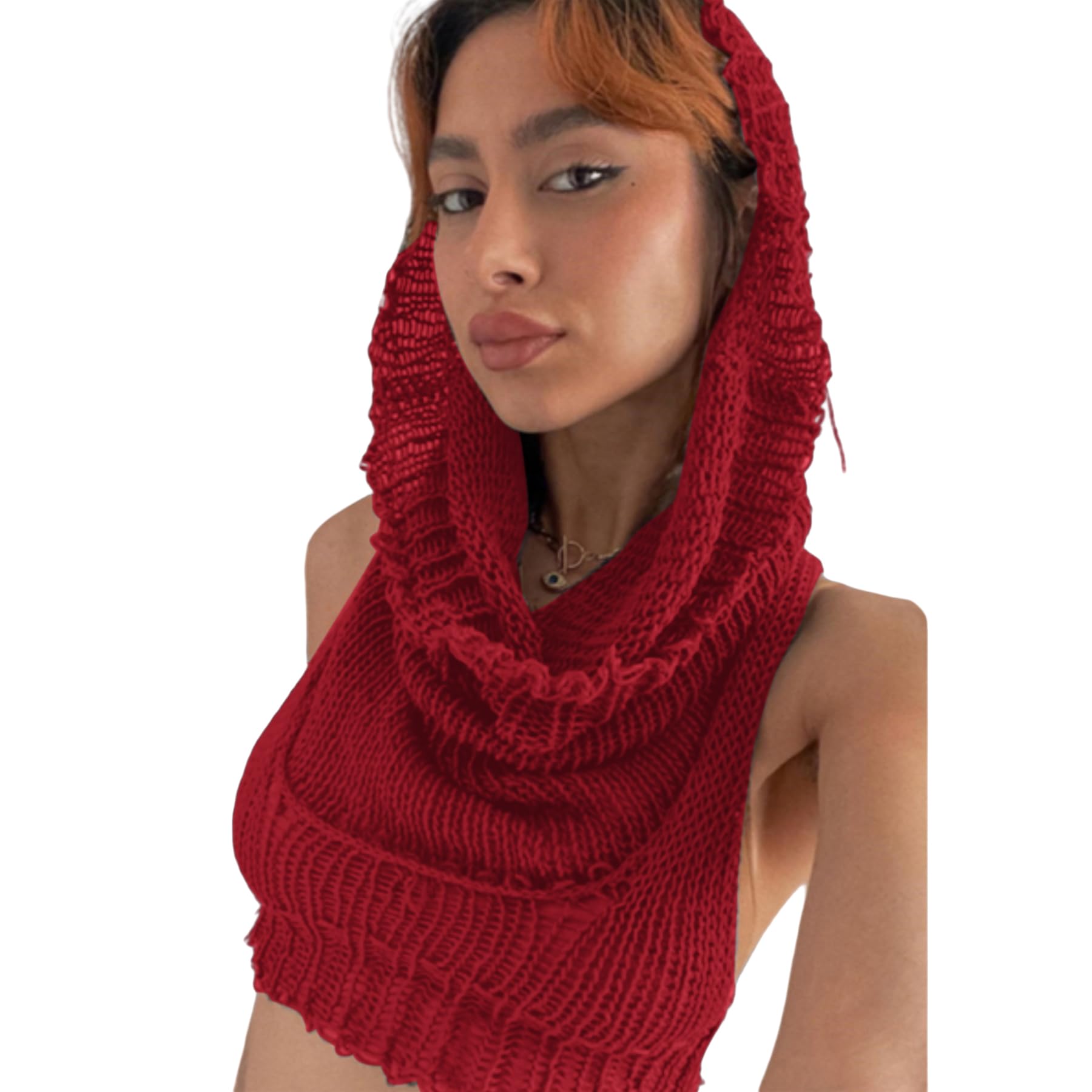 Women's Knitted Hoodie Sweater Vest Sexy Sleeveless Hollow Out Hooded Crop Top Draped Sweatshirt Streetwear