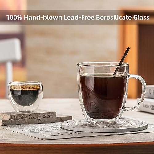 Miniatura 5 de Buaic Tazas de café de vidrio de doble pared de 12.5 onzas, juego de 2 con 2 tazas de café de 2.7 onzas, tazas de café aisladas, tazas de vidrio