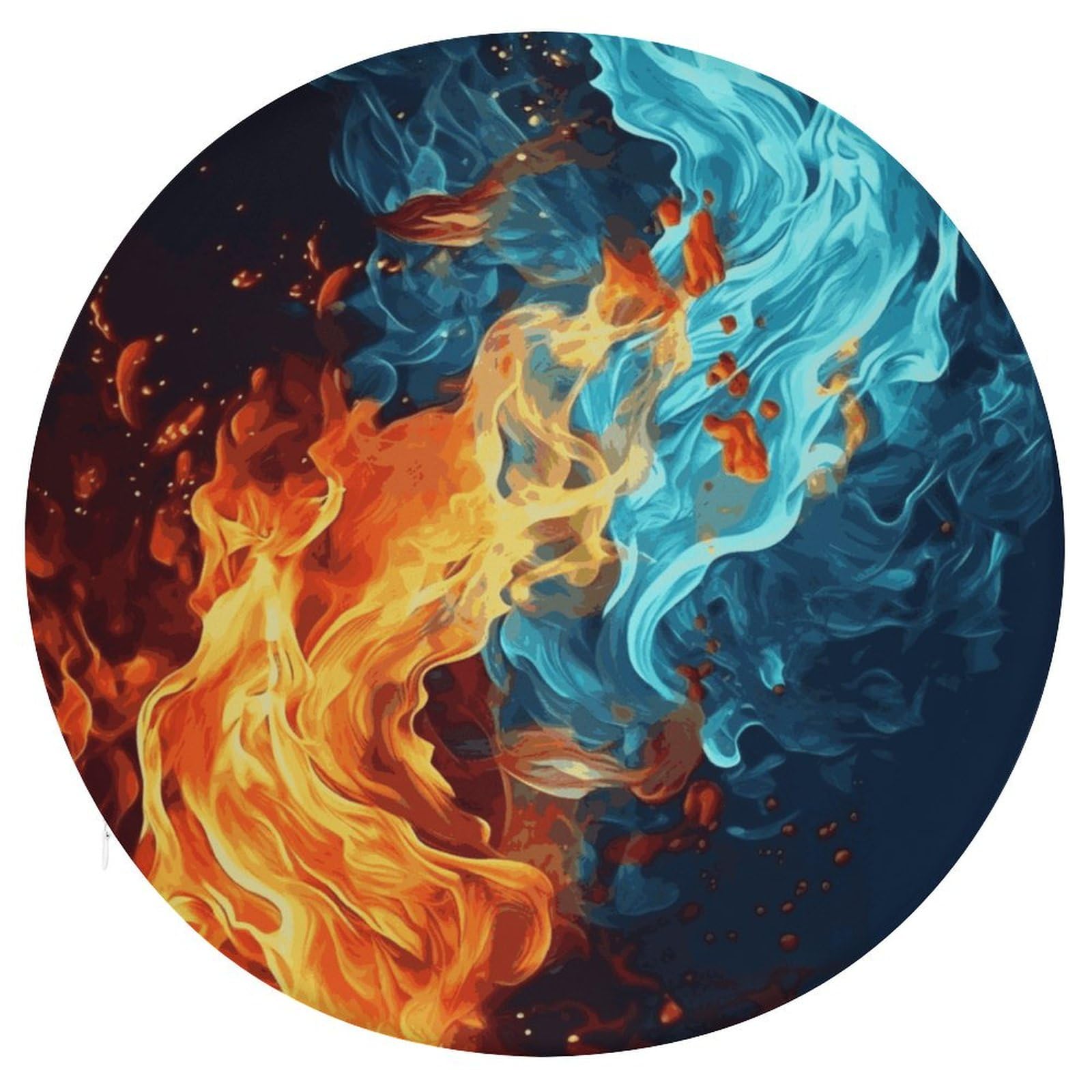 Coussin de sol pour méditation et yoga au salon au motif artistique feu et eau