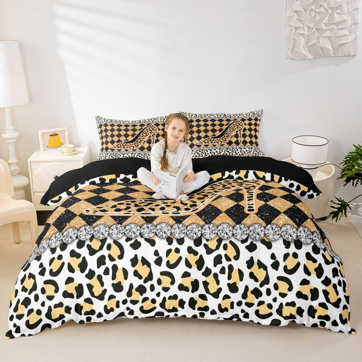 Homewish Dziewczęce lampart nadruk panthera siatka wysokie obcasy king size zestawy poszewek na kołdrę bawół krata pościel dla dorosłych nastolatków kobiet skóra kratka symulowana poszewka na kołdrę