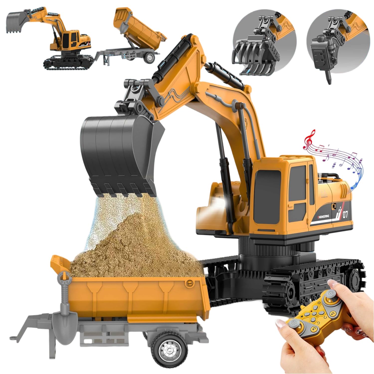 RareFind trove 1:22 11 -Channel Metal RC Excavator - JCB Remote Control Construction Toy Vehicle with Lights, Sounds, and 360° Rotation, for Kids Ages 6-12,Yellow-image-4