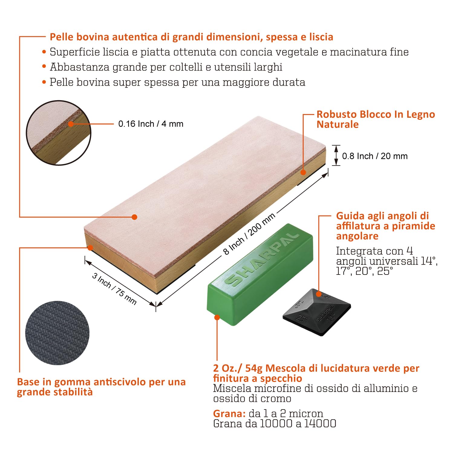 SHARPAL 204N kit coramella in pelle (200 mm x 76 mm) con 55 g di pasta lucidante verde e guida angolare, blocco coltelli per affilare e levigare coltelli, set di pietre per affilare in pelle
