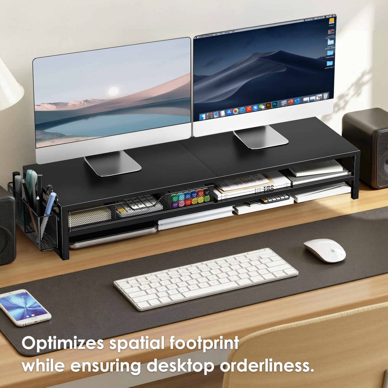 OPNICE 2-Tier Monitor Stand Riser With Drawer & Pen Holder - Desk Organizer For Dual Screens (Black) - View #4