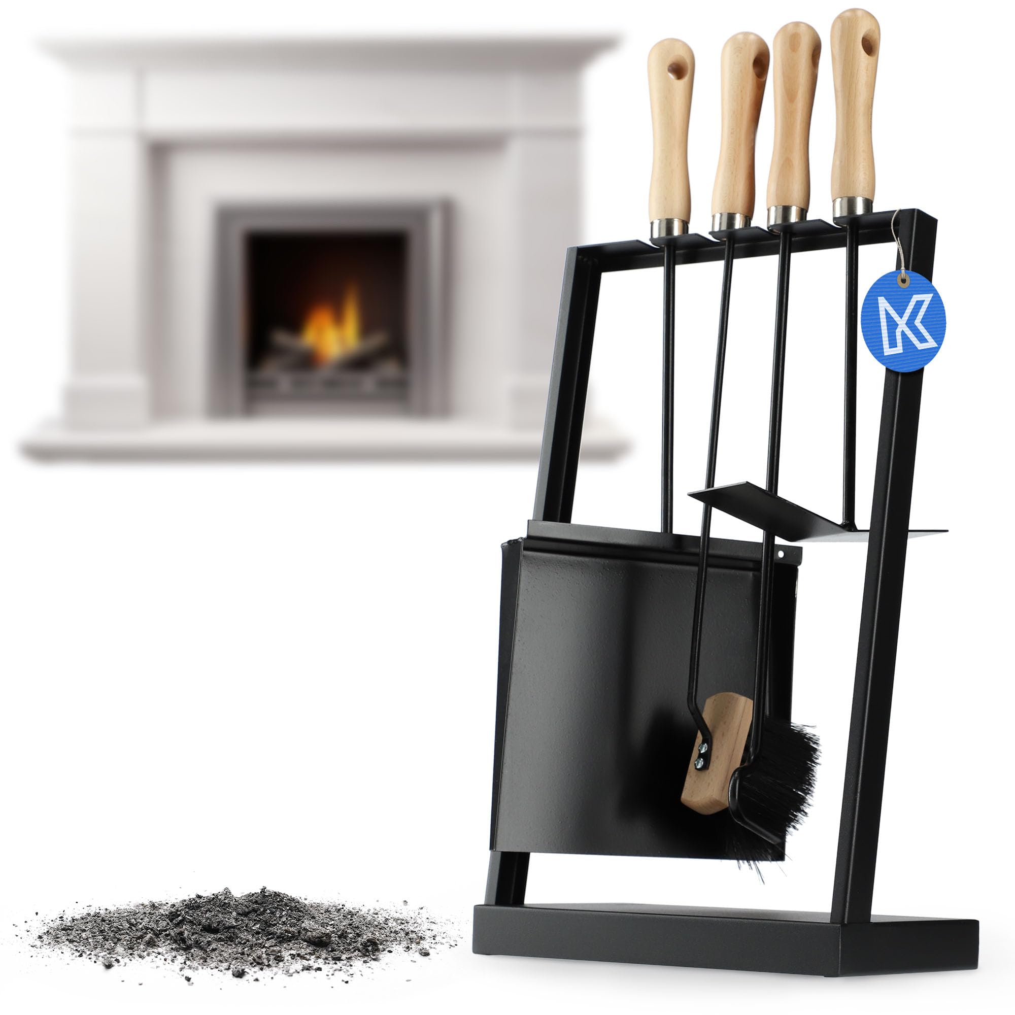 KADAX Moderno juego de utensilios para chimenea, juego de 5 piezas para chimenea, juego de accesorios para chimenea con atizador, pala para cenizas, escoba de chimenea, rascador de cenizas y soporte