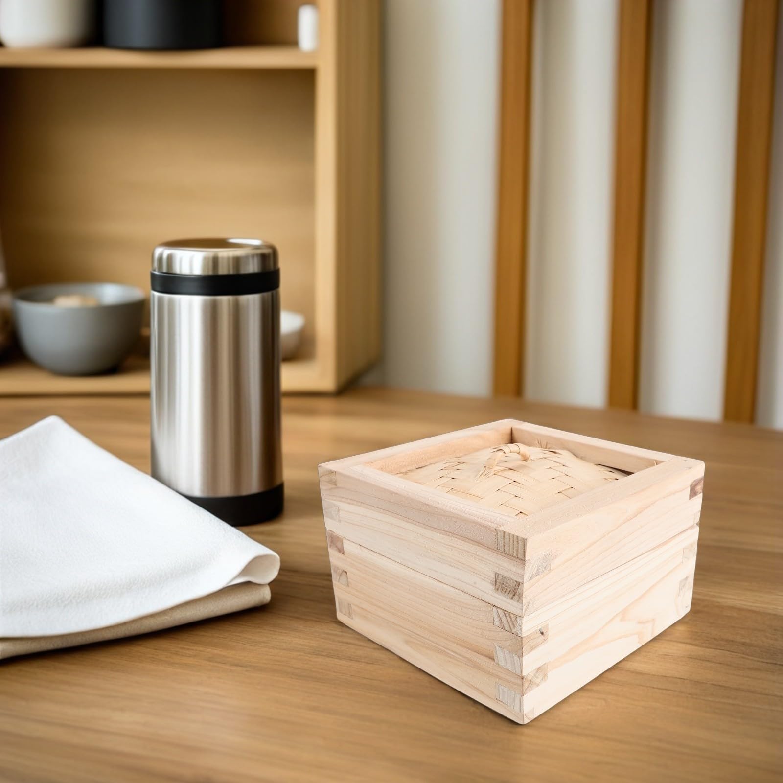 Cesta Vaporera de Madera Beige 15cm con Tapa para Jiaozi