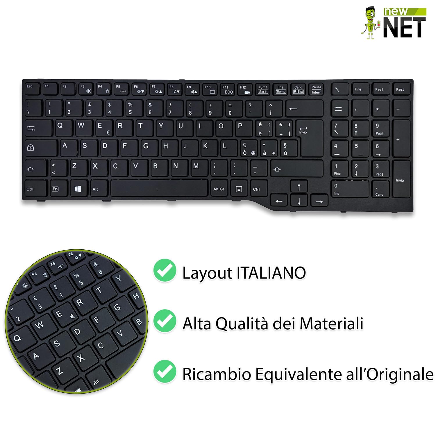 new net - Tastiera Compatibile con Notebook Fujitsu CP648390-01, CP648390-03, CP648390-05, MP-13K6003930 Rev:A, CNYACP648390-0151A00901 [Frame Nero - Layout ITA]
