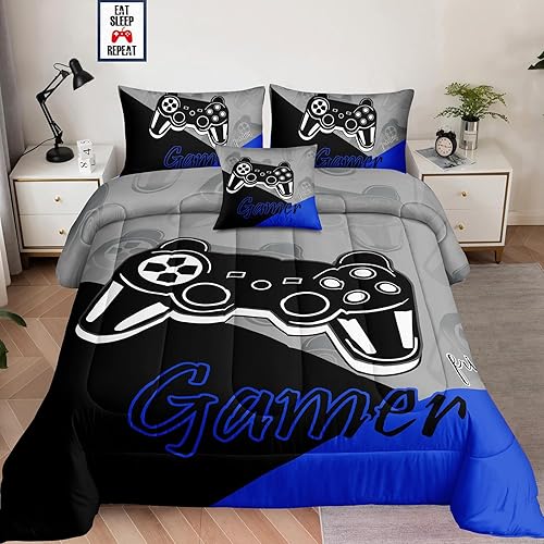 Juego de ropa de cama de 5 piezas para videojuegos, juego de edredón para niños con sábana encimera, sábana bajera, fundas de almohada, funda de