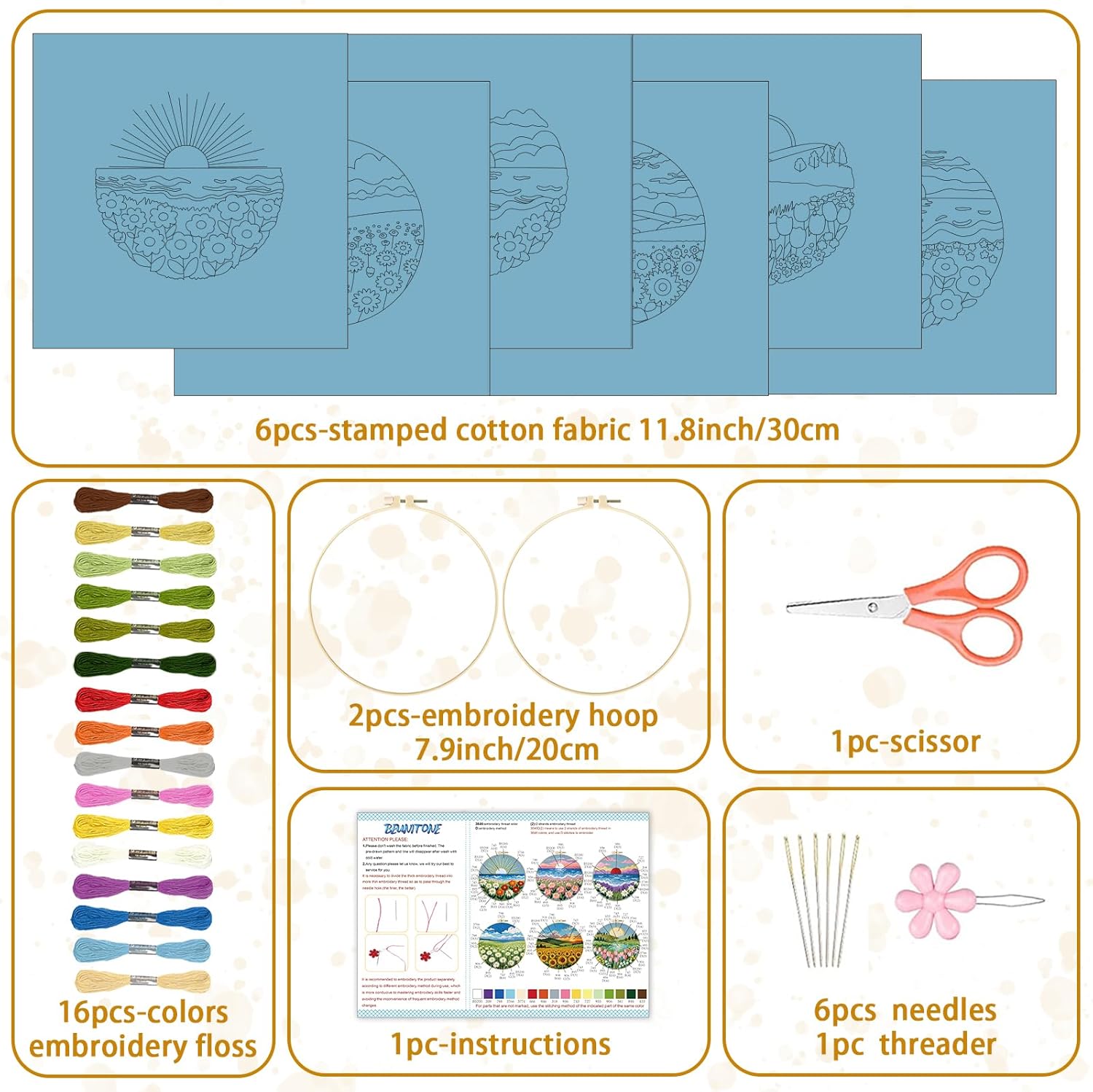 BEUNITONE Spring Landscape Embroidery Kit for Beginners, 6PC Needlepoint Kits with Hoops, Instructions, Threads, Needles, DIY Home Decor Craft for Adults, Creative Hand Embroidery Patterns for Gifts