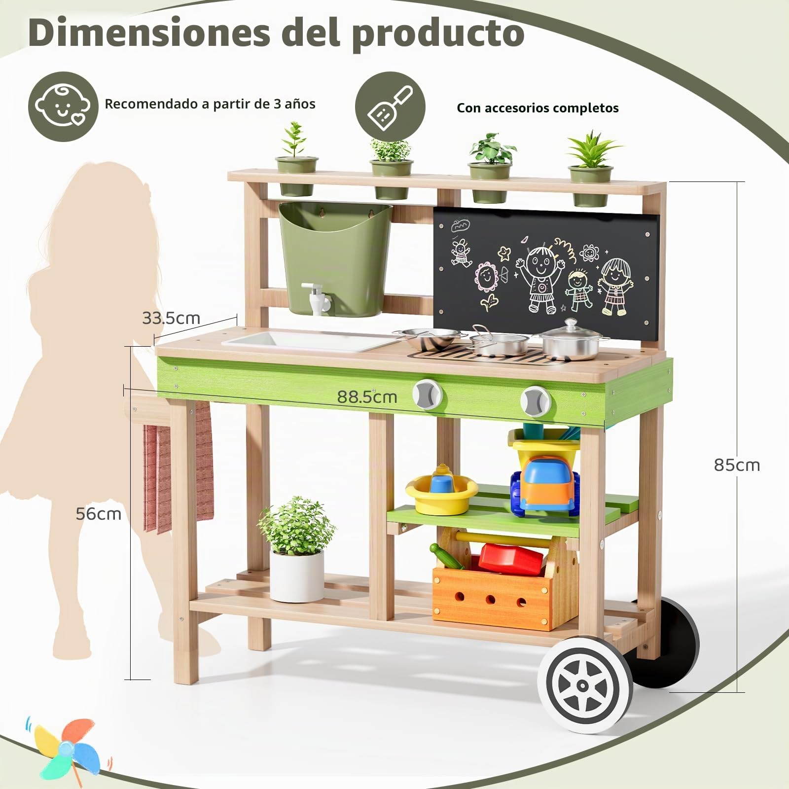 MAMIZO Cocina de Jardín Infantil Exterior de Madera, Cocina de Juguete con Ruedas, Grifo Funcionante, 4PCS Maceteros, Pizarrón, Estanterías y Accesorios, 88,5x33,5x85 cm, para Niños +3 Años