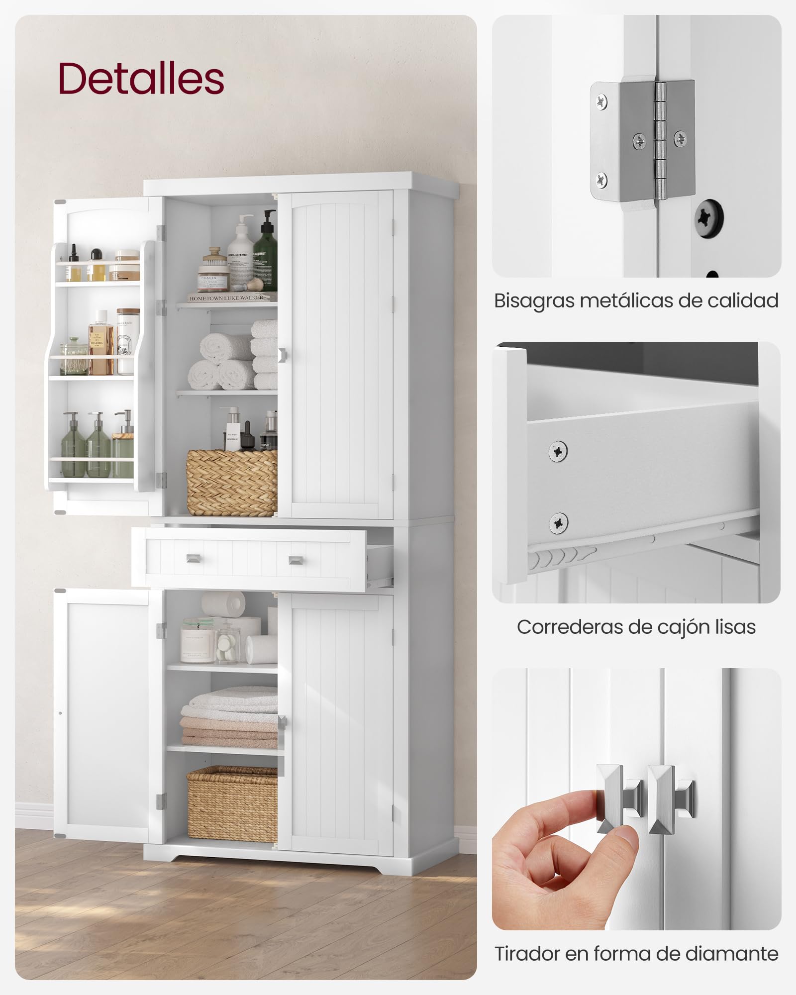 VASAGLE Armario Alto de Cocina, 40 x 76 x 182,1 cm, Armario Independiente, con un Cajón, Estantes Ajustables, 6 Estantes en la Puerta, para Sala de Estar, Cocina, Blanco BBC561W21