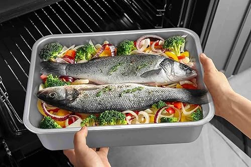 Miniatura 4 de TeamFar Sartén para lasaña, molde rectangular para tartas, plato para hornear brownies, acero inoxidable, 12.75 x 10 x 3.2 pulgadas, resistente y