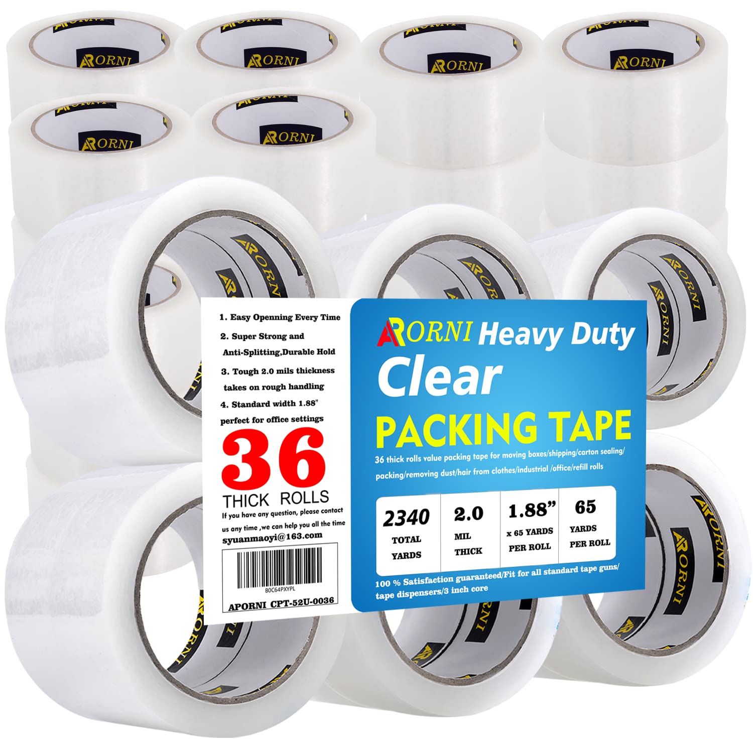 APORNI Packing Tape Heavy Duty Refill 36 Rolls Sealing Great for Packing Box Shipping and Moving Supplies Packaging 1.88" x 65 Yards 3" Core 2.0 Mil
