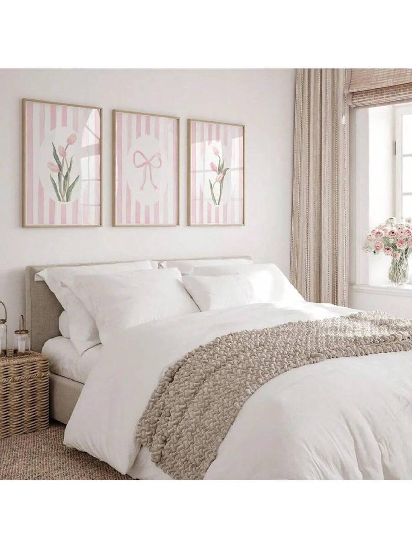 lianyibo Set di 3 stampe su tela con fiori e tulipani motivo boho botanici rosa e fiocco stile preppy per camerette da ragazza decorazione Dopamine 70x90cmx3 senza cornice.